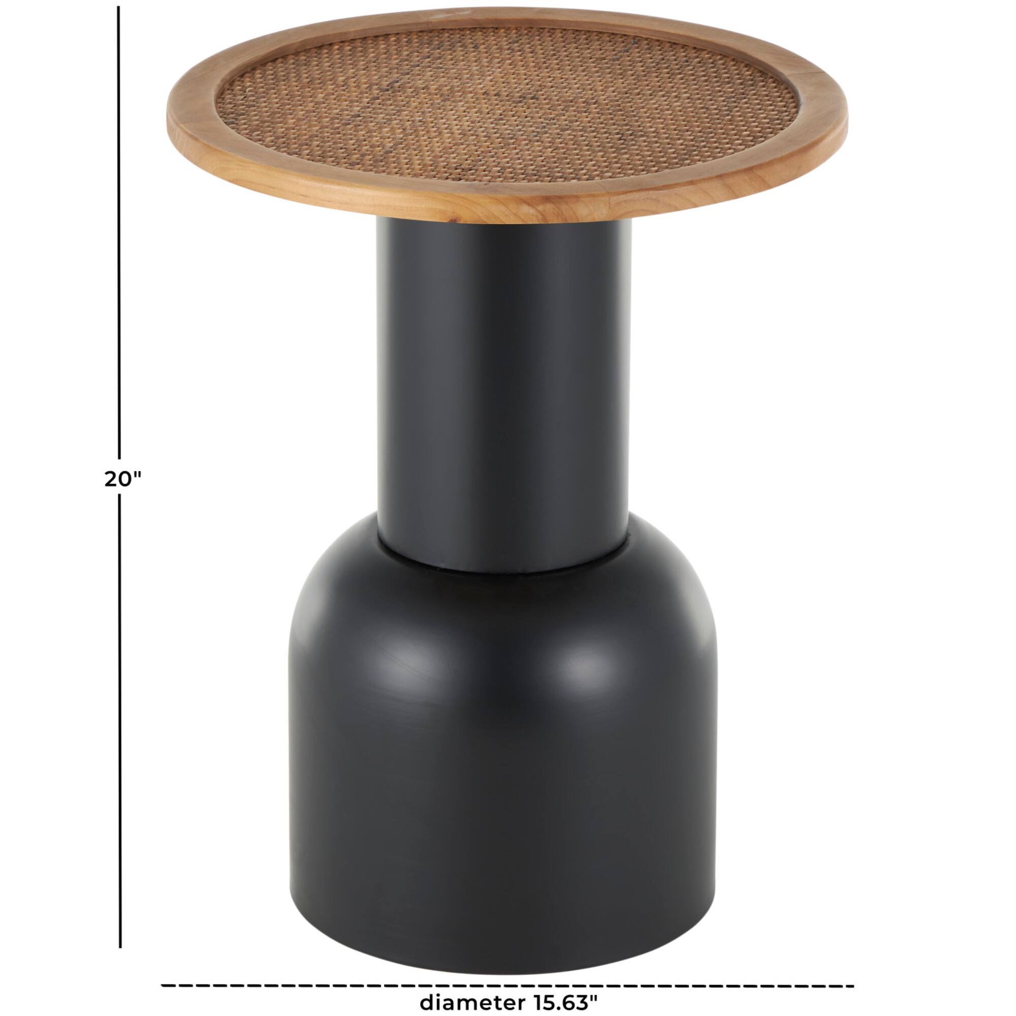 20" Black Metal Handmade Pedestal Accent Table with Brown Rattan Tabletop